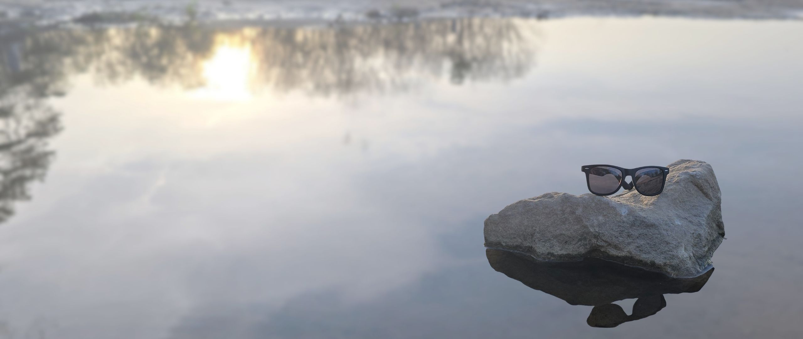 The BLK-01's from Kimchi Burrito™ Sunglasses perched on a rock in a reflecting pool.