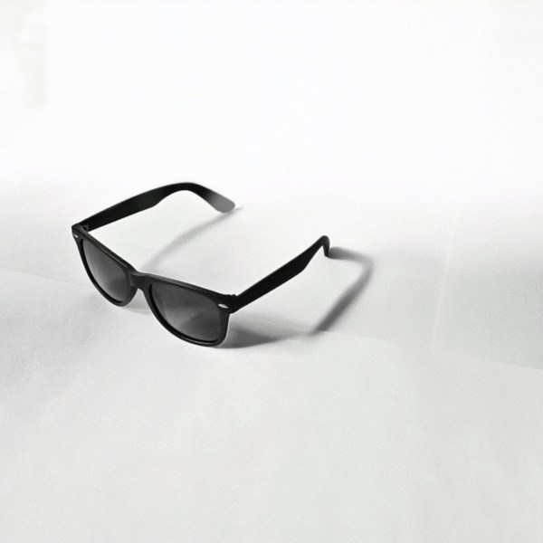Angled view of matte black sunglasses with a classic square frames on a neutral background.