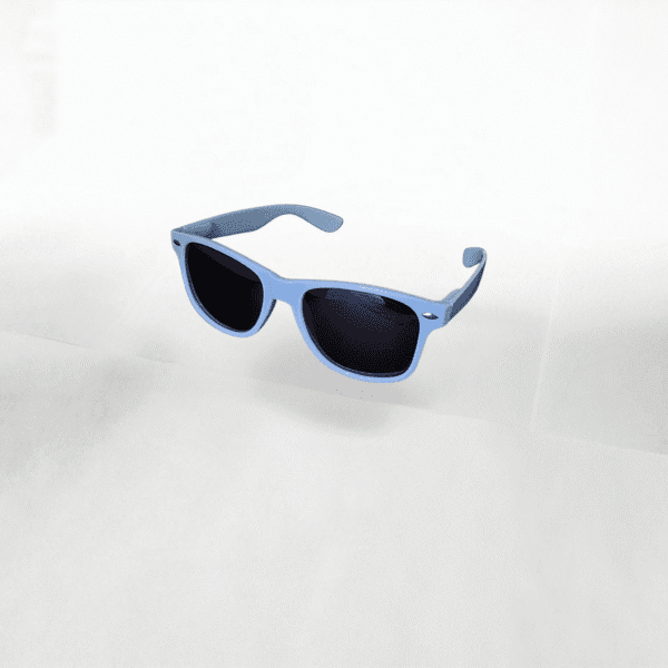 Kimchi Burrito's LTB-01, light blue frames with dark polarized lenses.